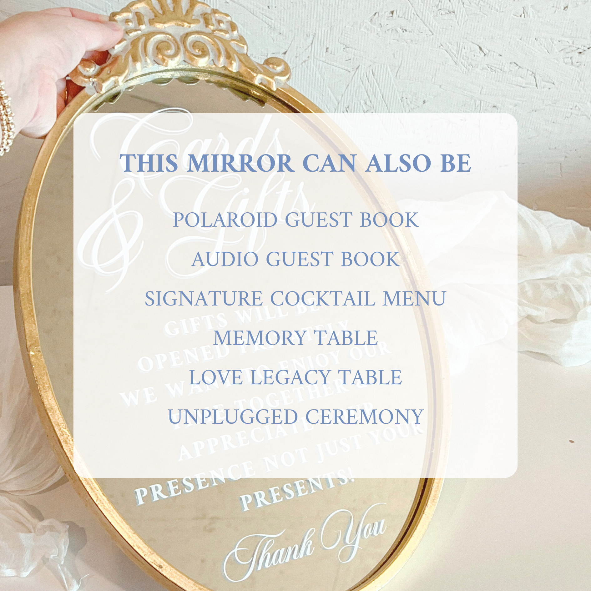 Gold oval mirror wedding sign for cards and gifts display.