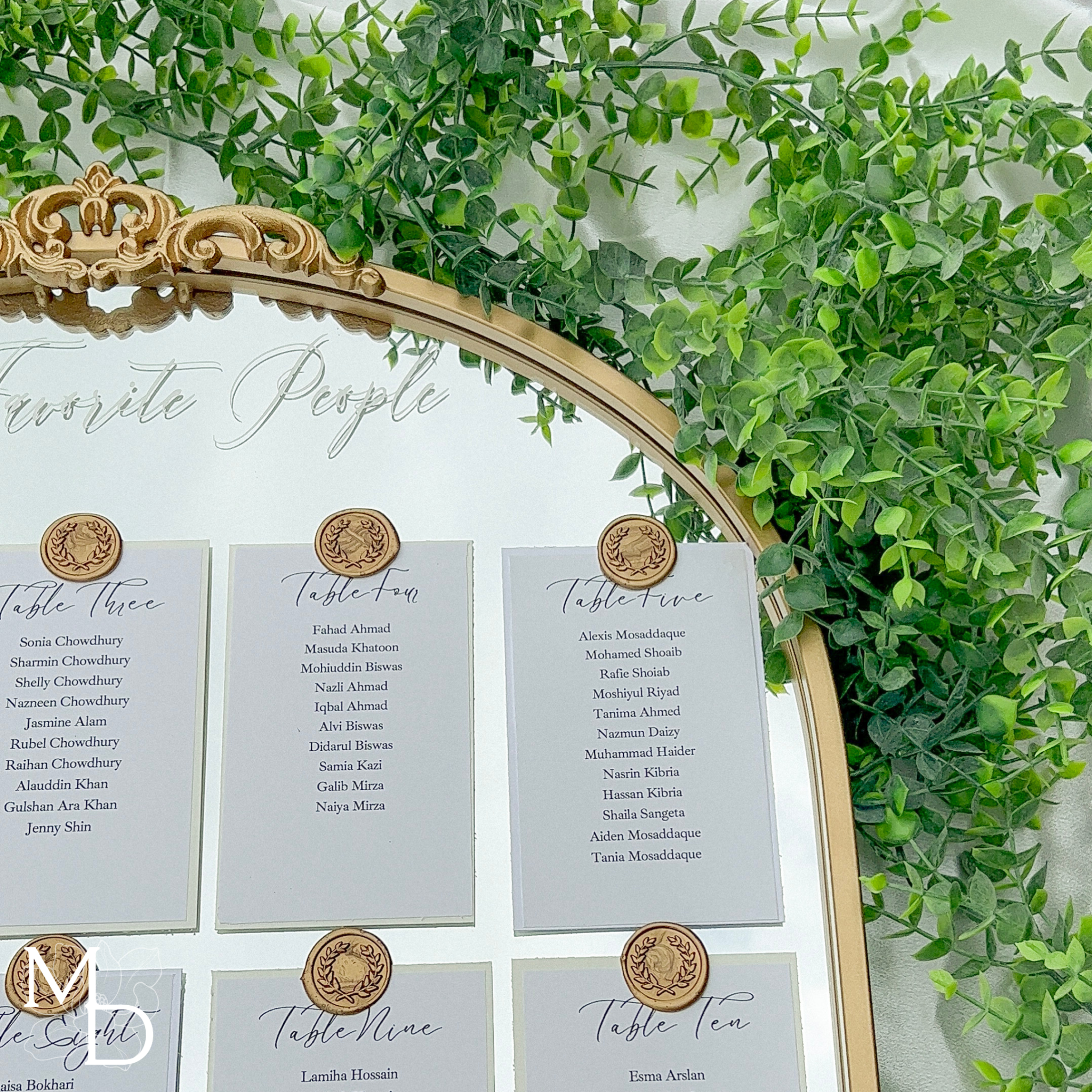 Elegant Arch Mirror Wedding Seating Chart with Gold Accents and Customizable Wax Seals.