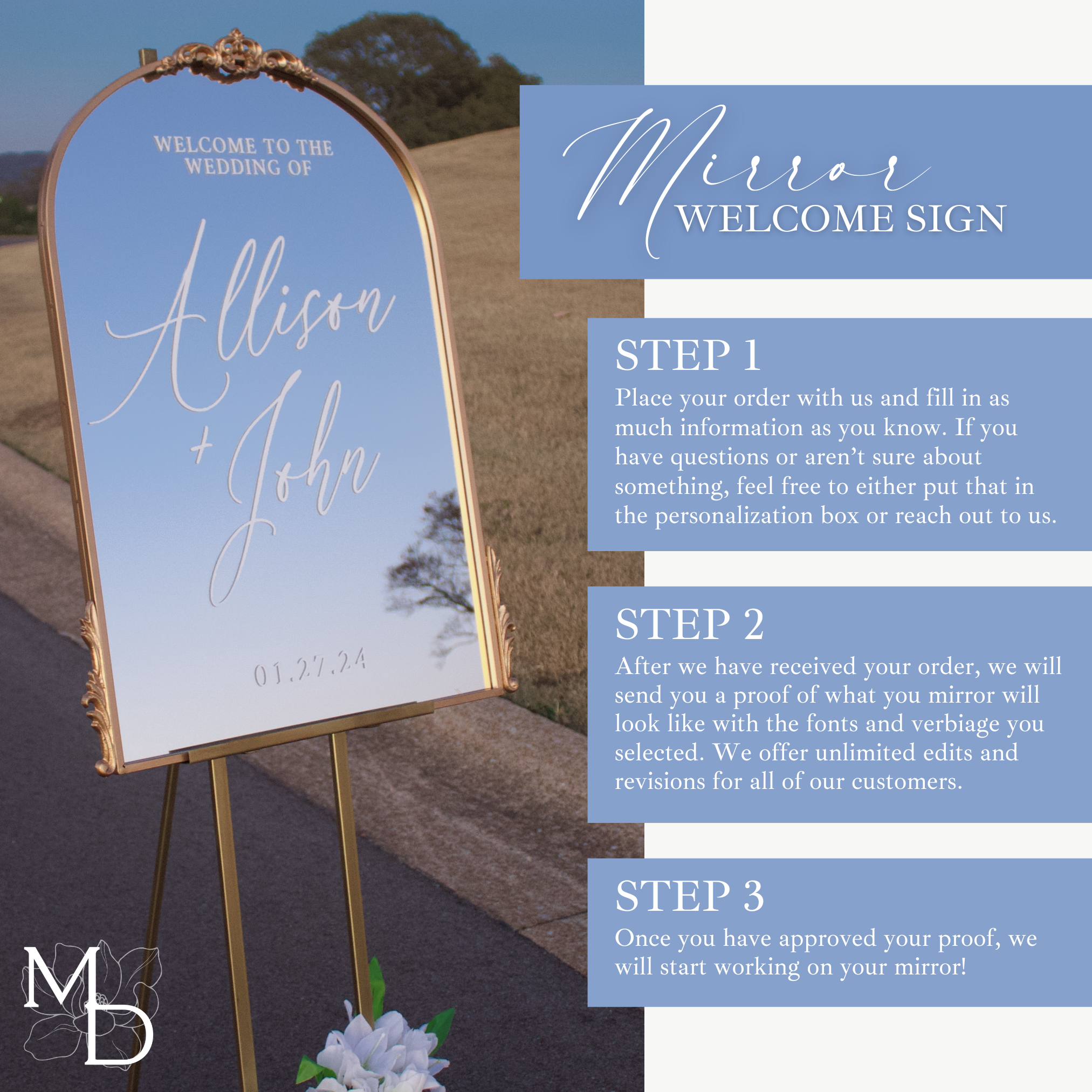 wedding welcome mirror with custom scripted calligraphy and gold arch frame on easel