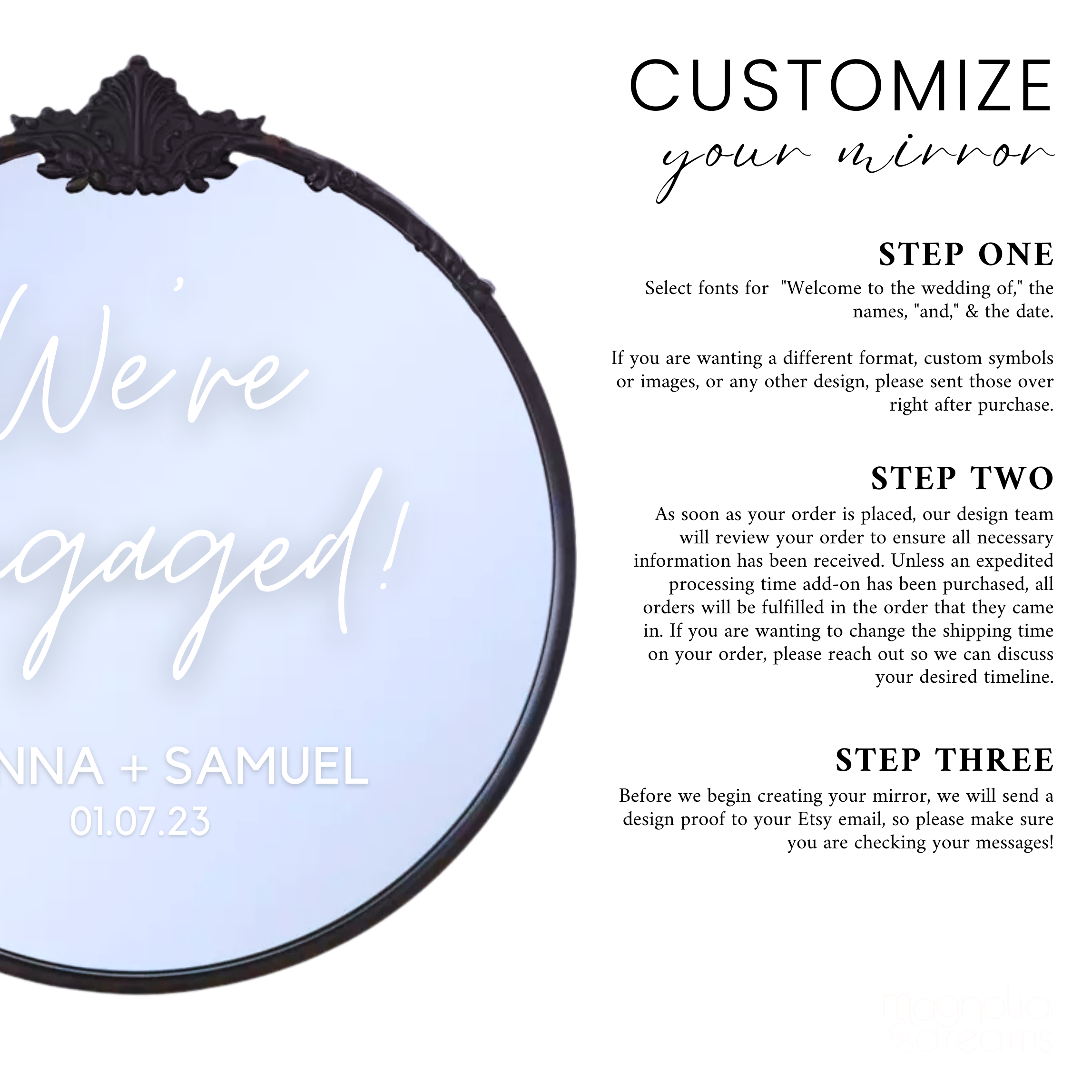 Ornate black round mirror engagement party welcome sign with customizable text.