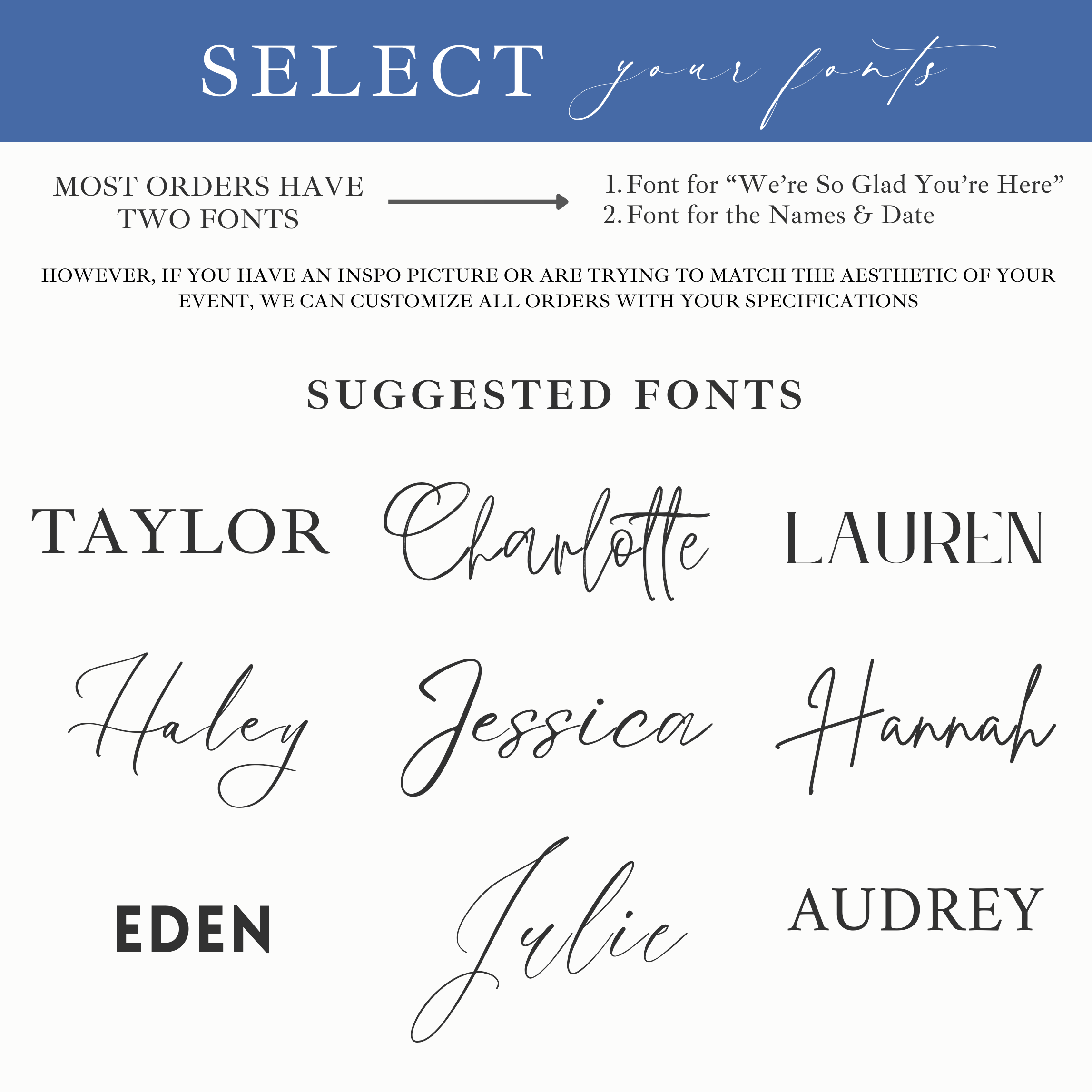 Suggested fonts for minimalist wedding welcome sign customization options.