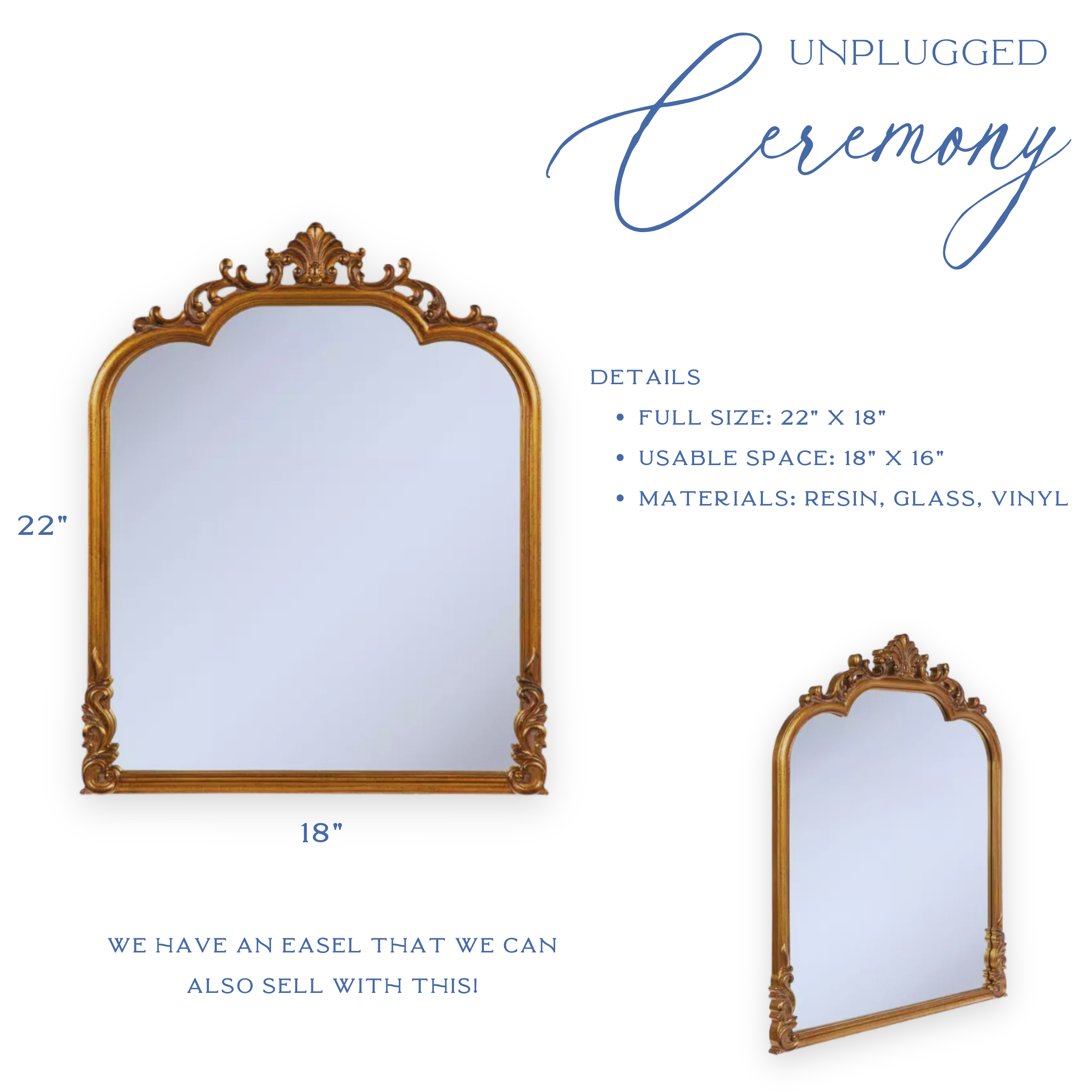 Elegant unplugged ceremony sign on a decorative wedding mirror, promoting a phone-free event with customizable text and fonts.