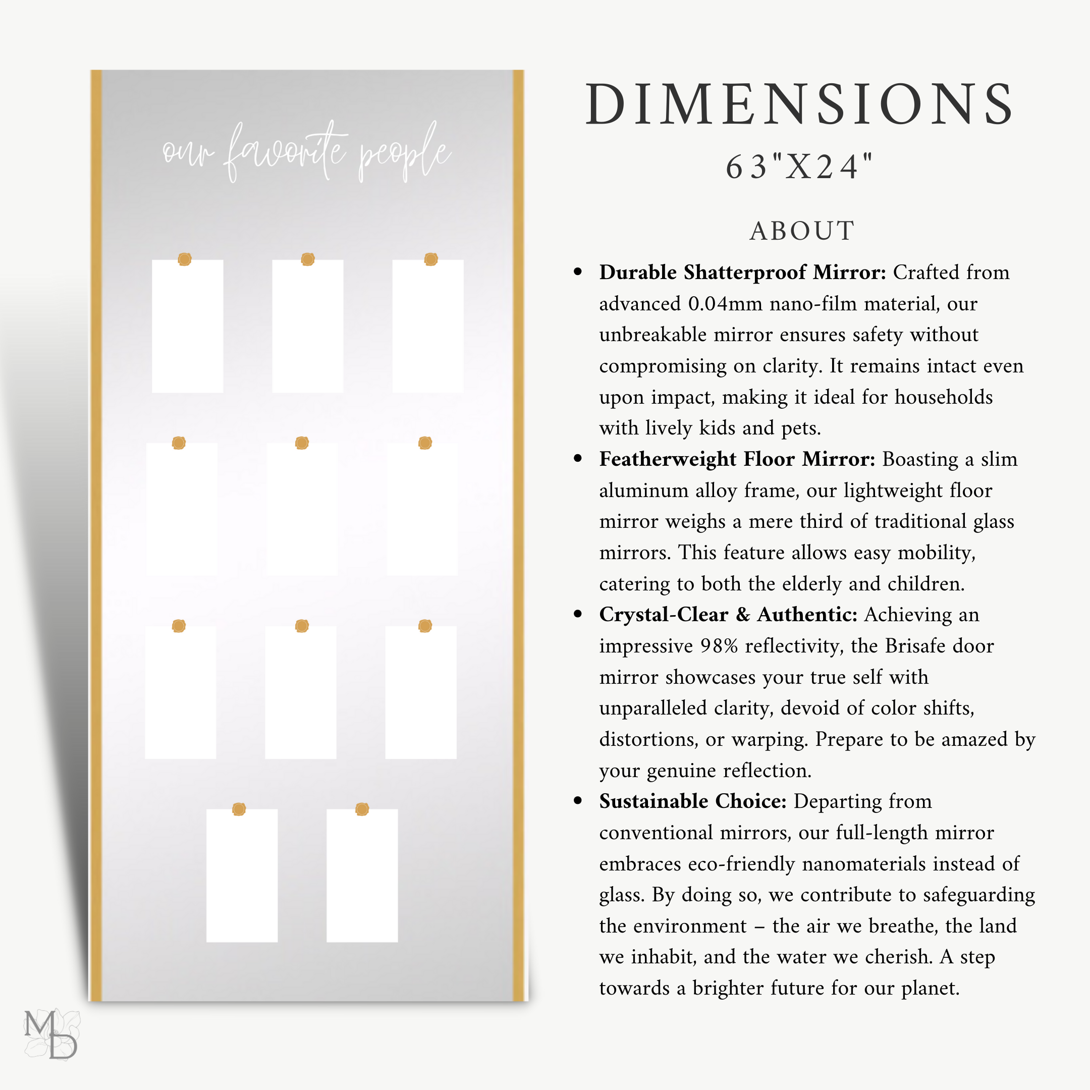 Customized gold mirror wedding seating chart with built-in stand for guest assignments.