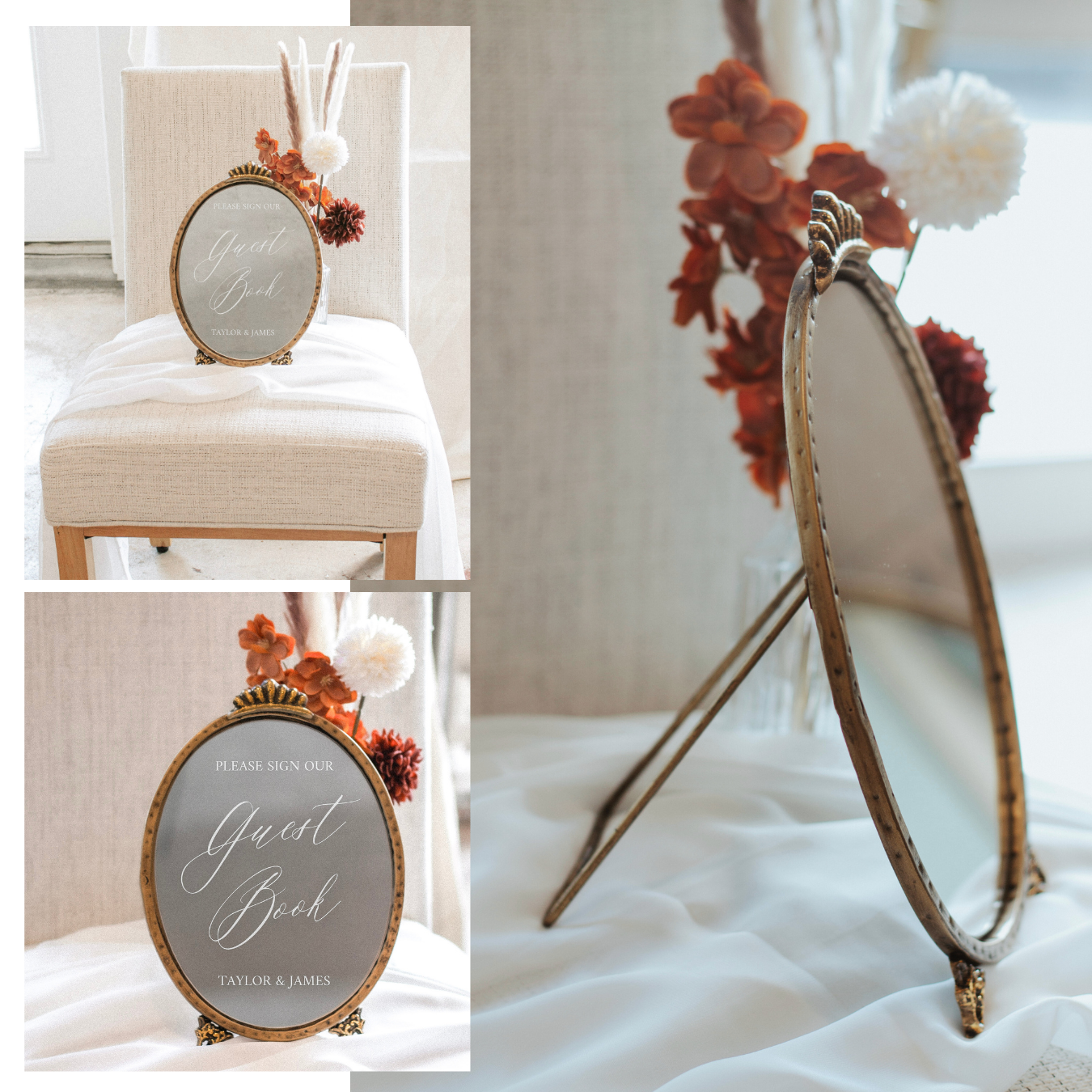 Elegant wedding mirror with "Please Sign Our Guest Book" in calligraphy, displayed on a chair with floral accents. Perfect for wedding guest book table.