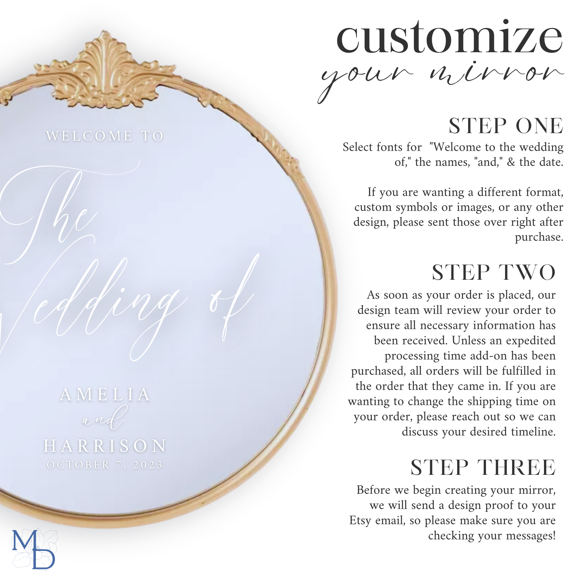 Gold ornate round mirror customized wedding welcome sign with elegant script and decorative frame, perfect for weddings and bridal showers.