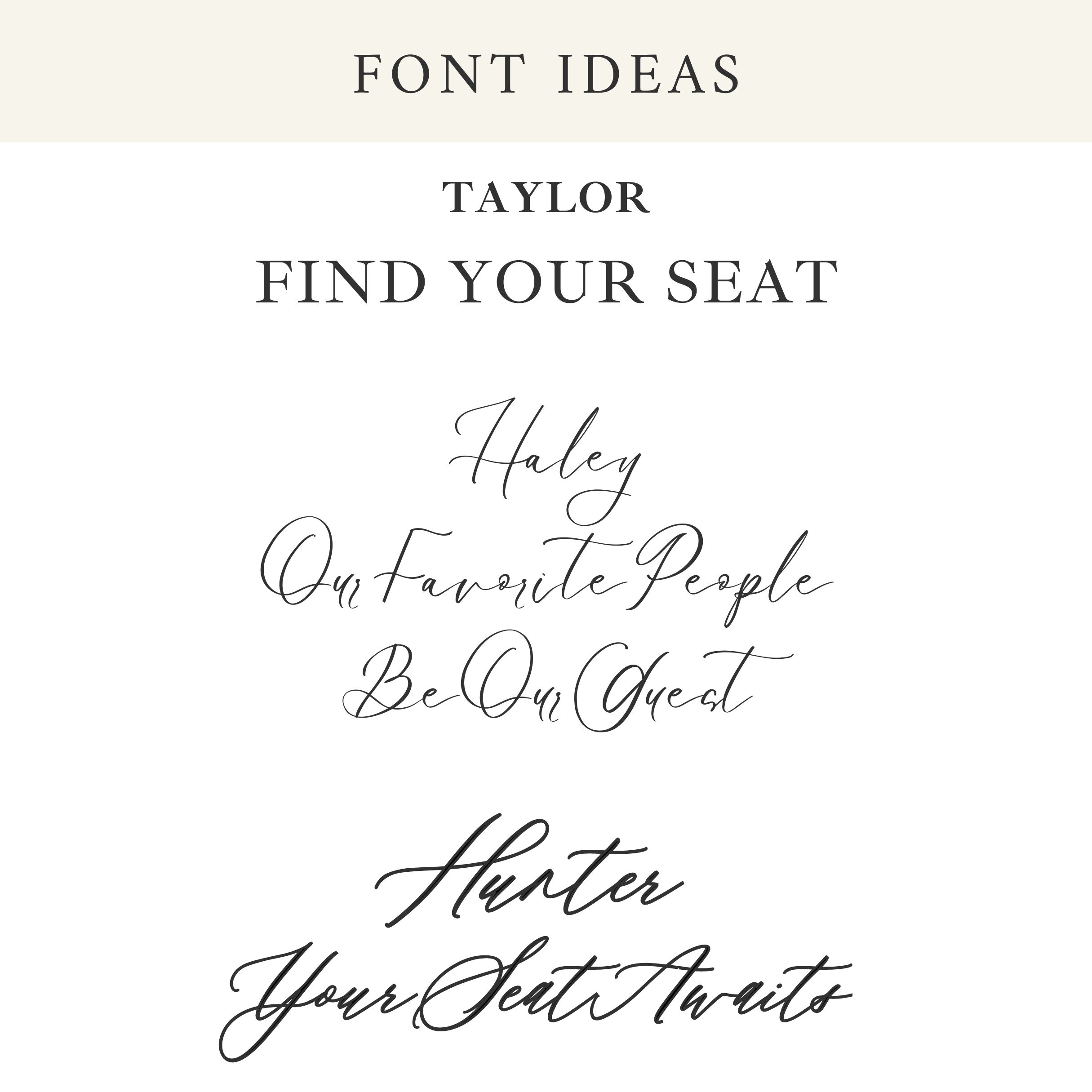 Font options for vinyl decal wedding seating chart decoration.