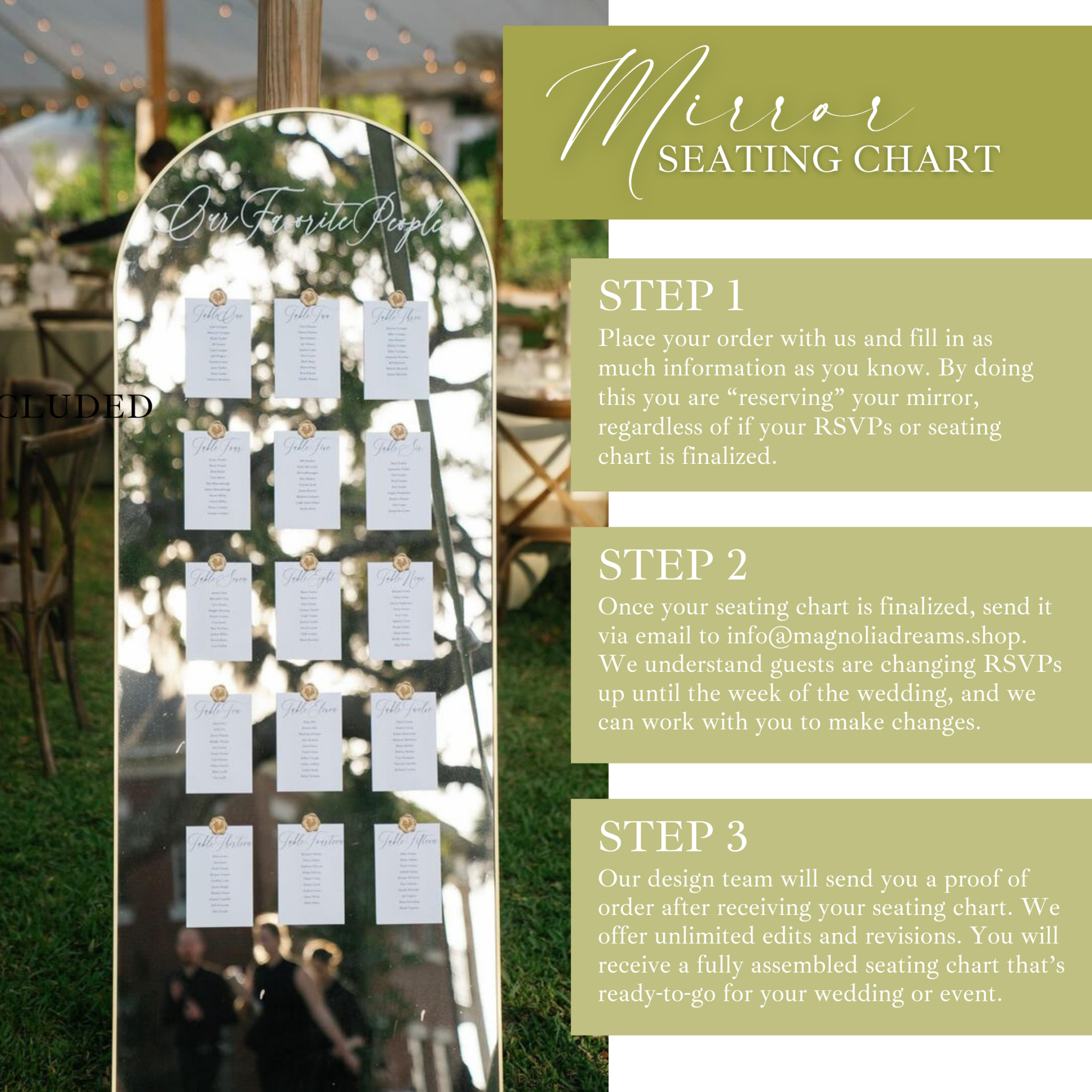 Large gold arch mirror wedding table seating chart with personalized names on premium linen cardstock.