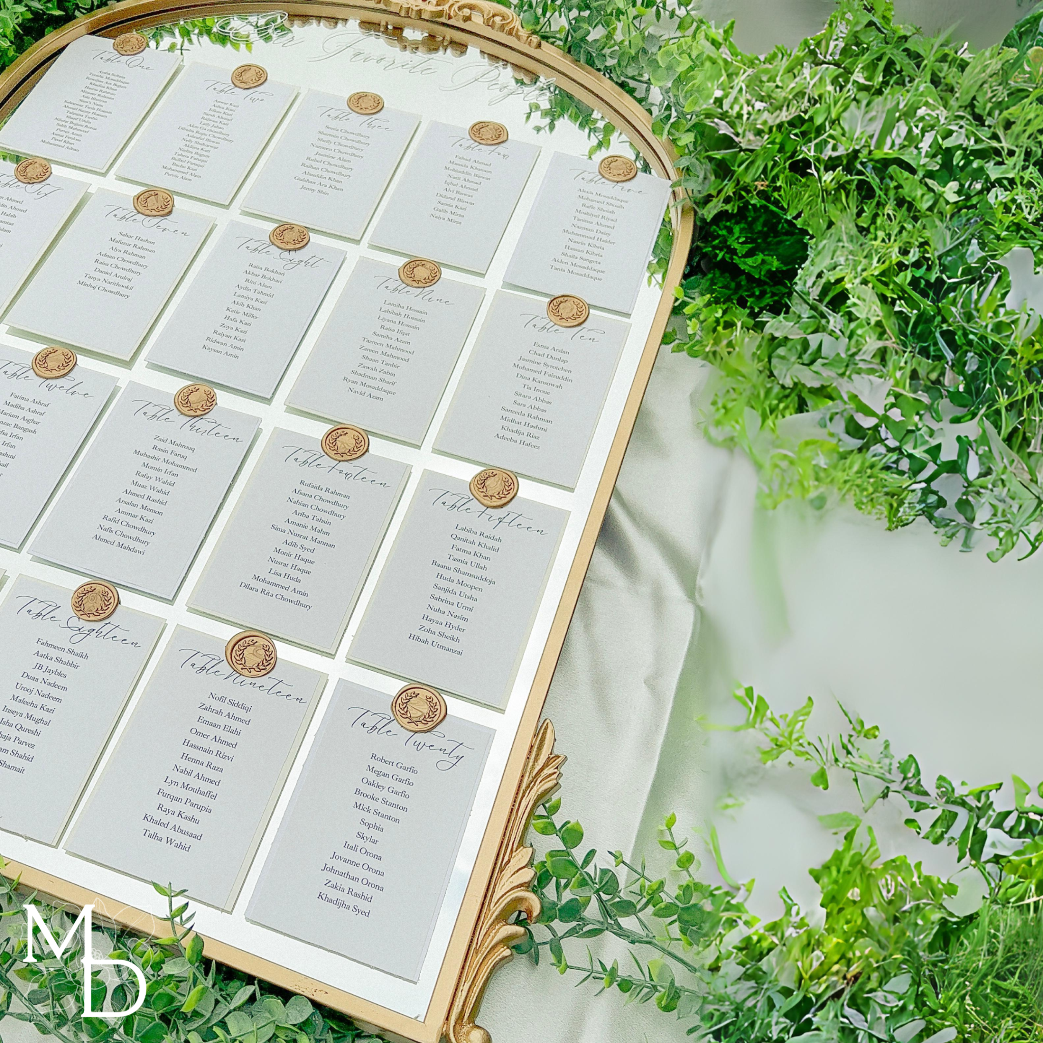 Elegant Wedding Guest Table Layout Seating Chart on Arch Mirror with Gold Frame and Customizable Details