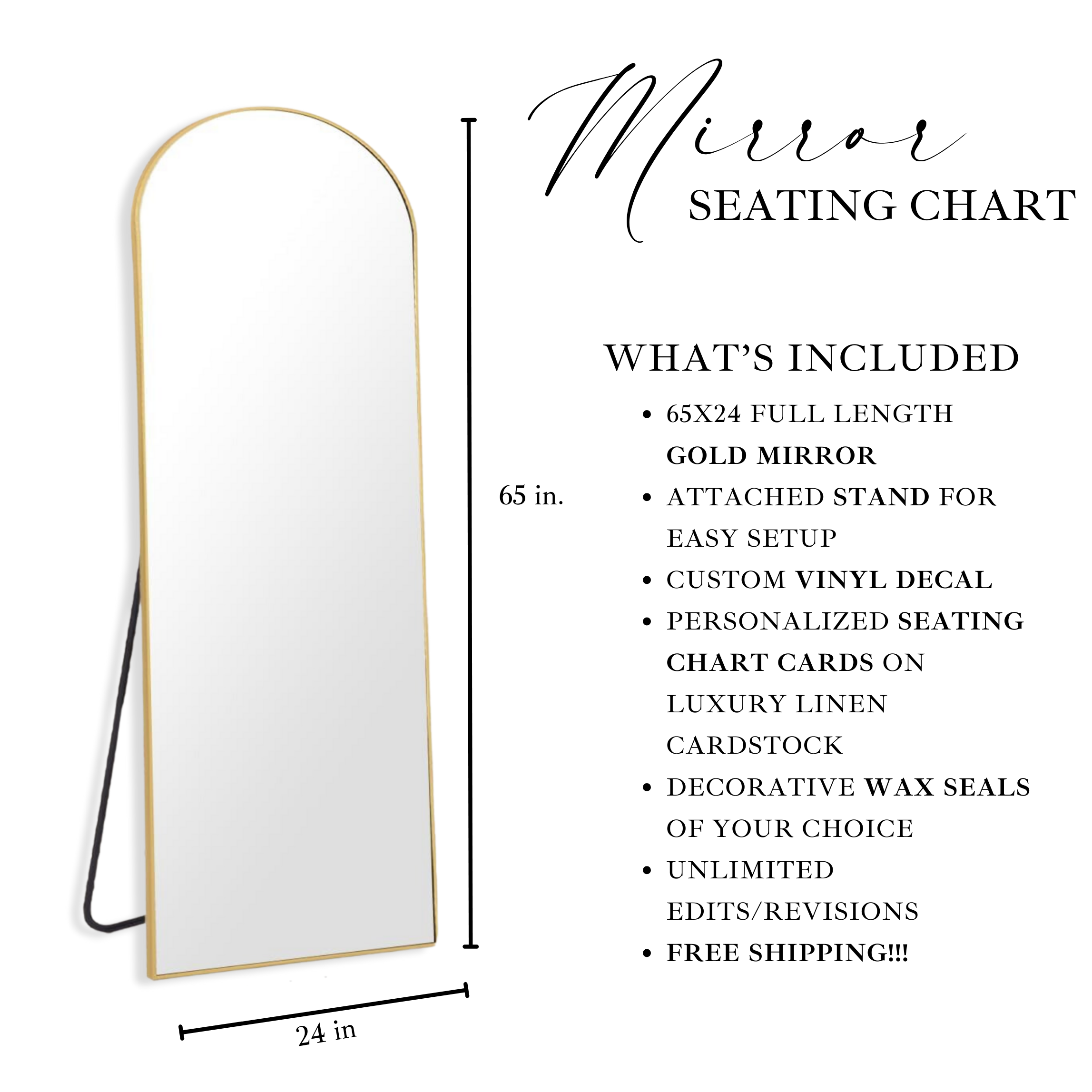 Large gold arch mirror with wedding table seating chart, built-in stand, custom vinyl decal, linen cardstock cards, decorative wax seals.