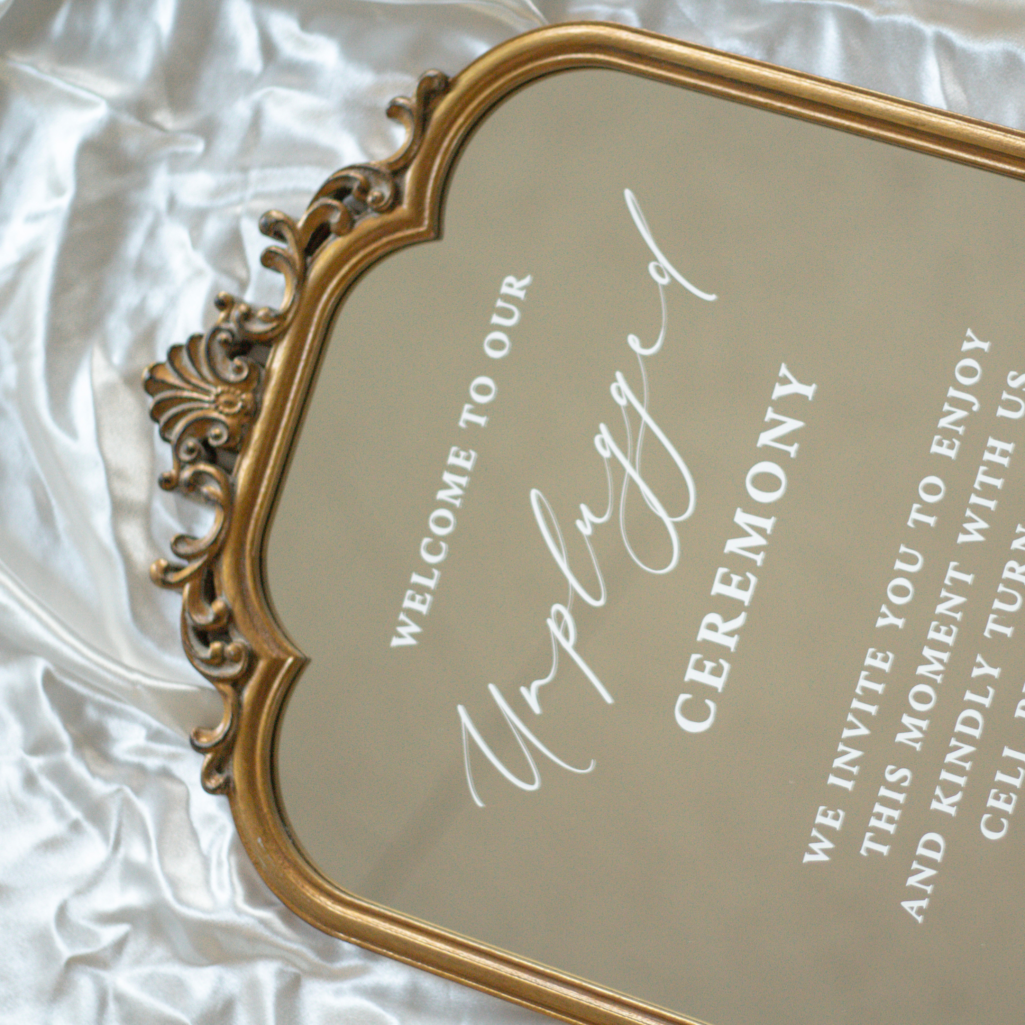 Elegant Unplugged Ceremony Sign on a decorative mirror with hand-lettered text for phone-free weddings.