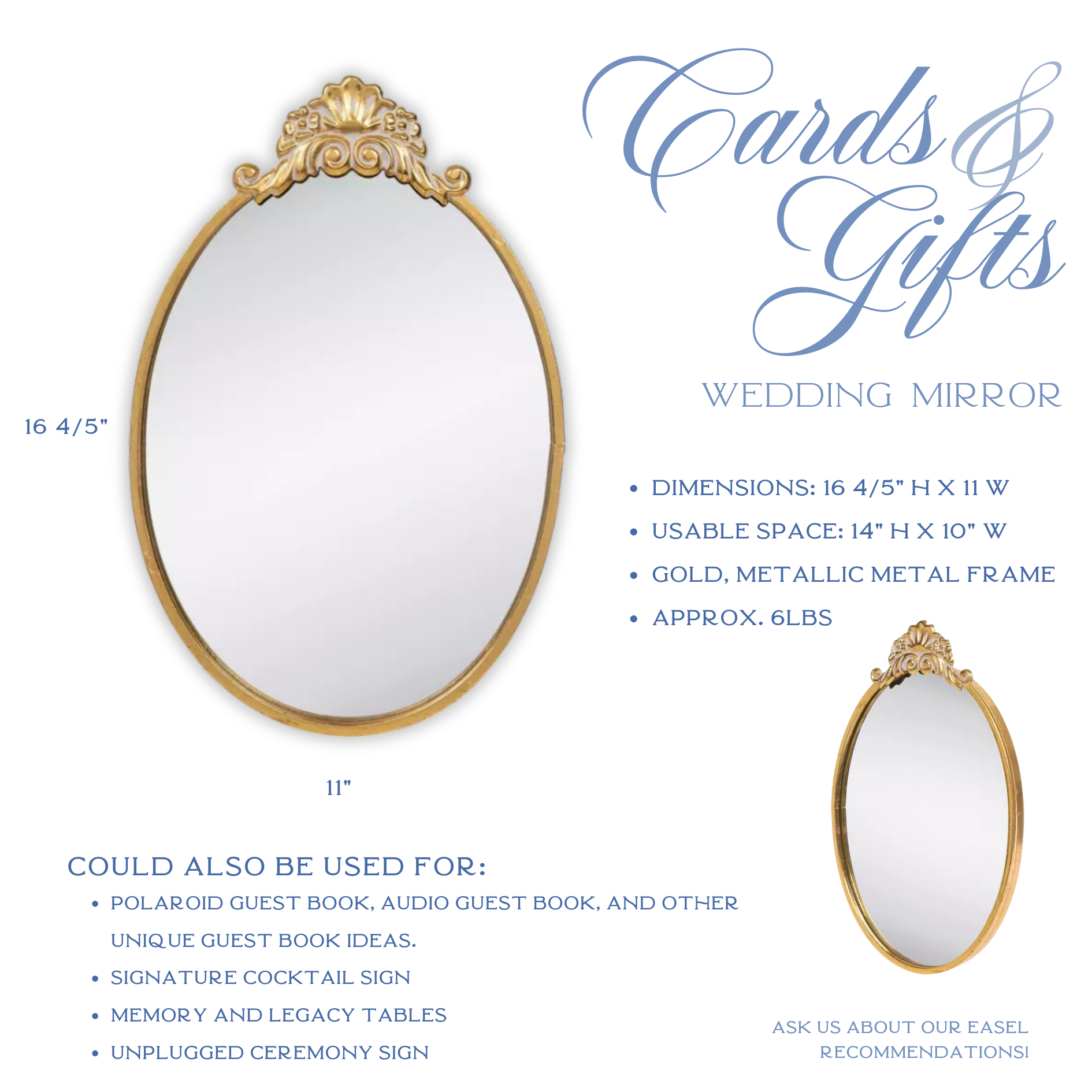 Mirror wedding sign for cards and gifts with ornate gold fleuron, elegant decor for weddings.