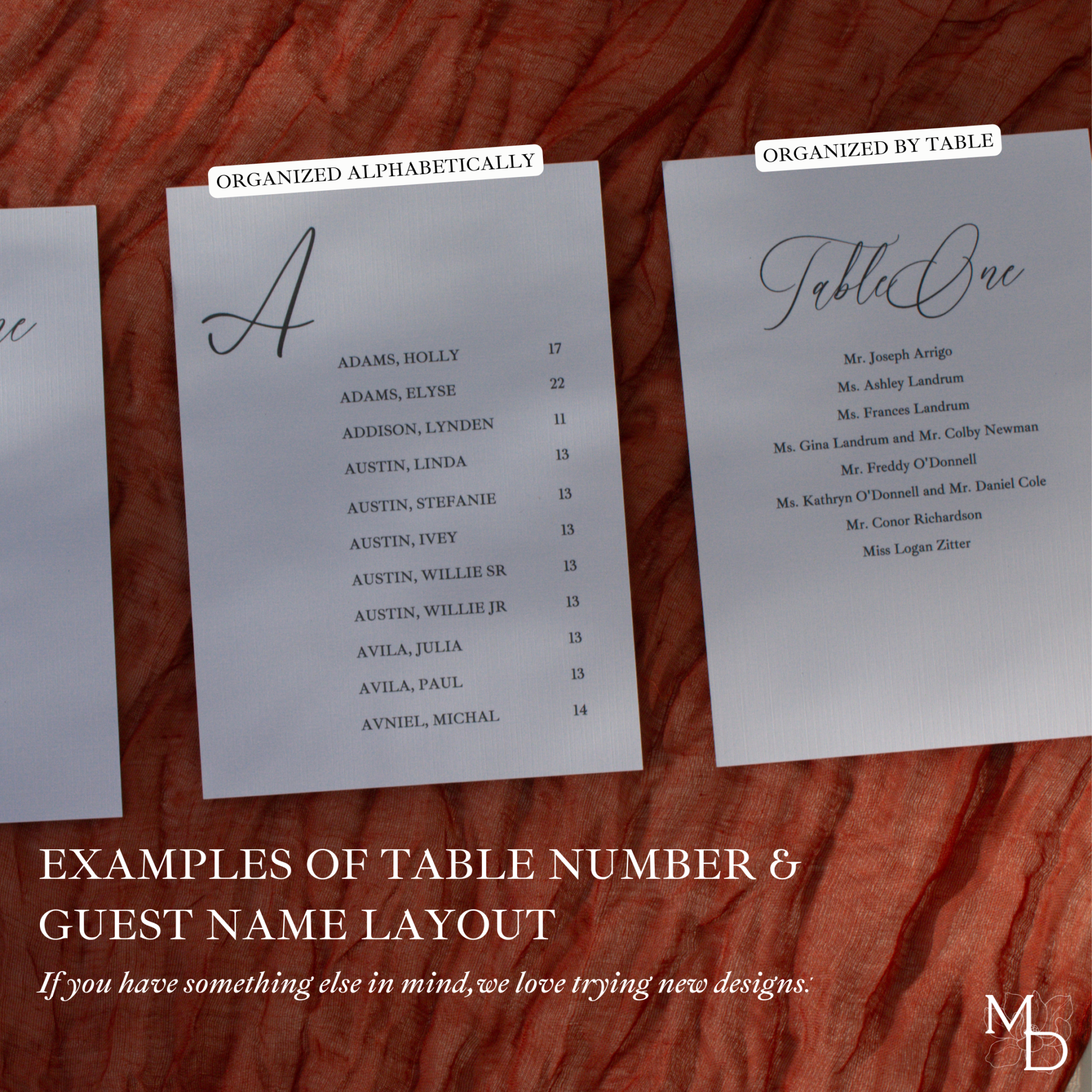 Wedding table seating chart examples with guest names organized alphabetically and by table on premium linen cardstock.