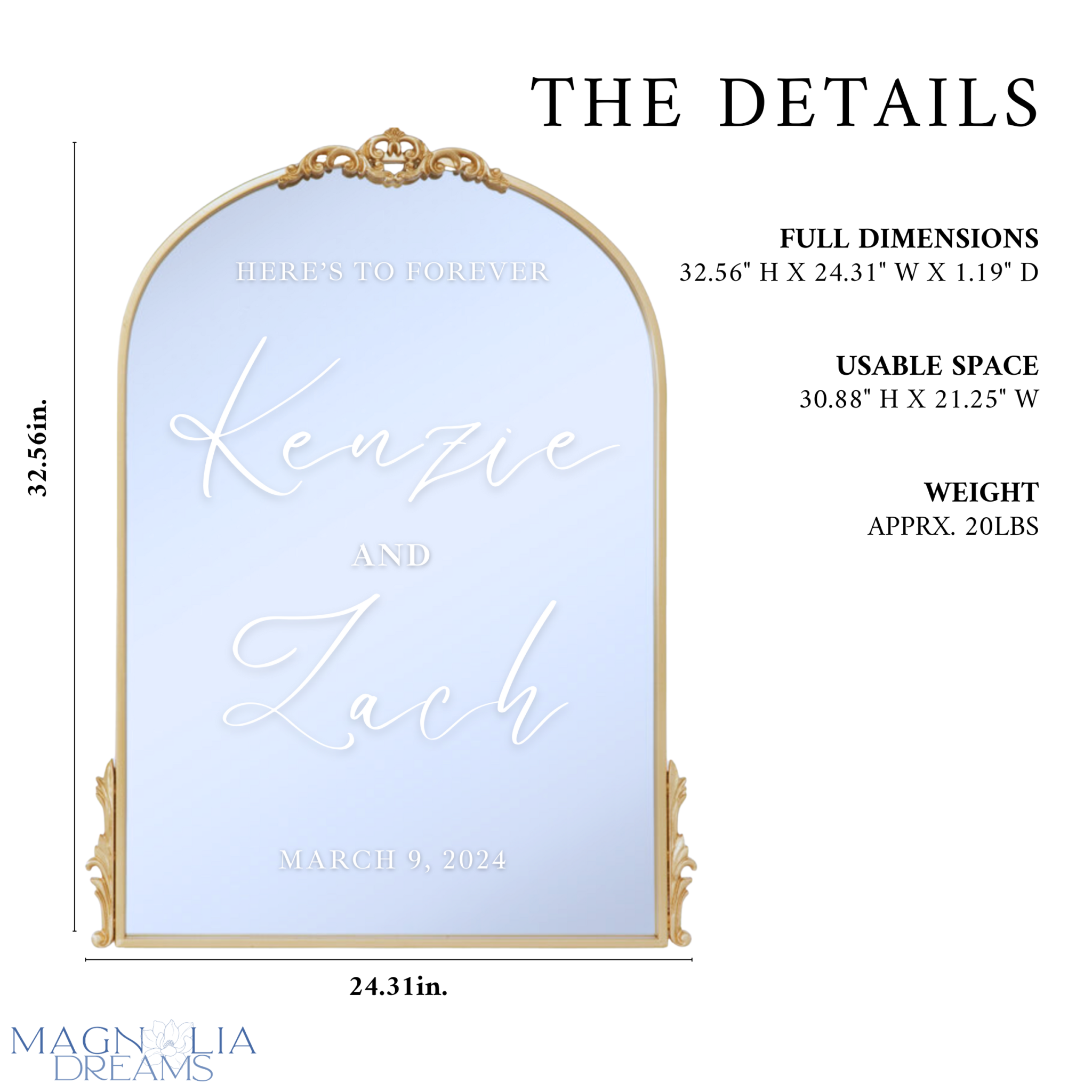 Wedding welcome mirror with custom scripted calligraphy, gold arch frame, personalized reception decor.