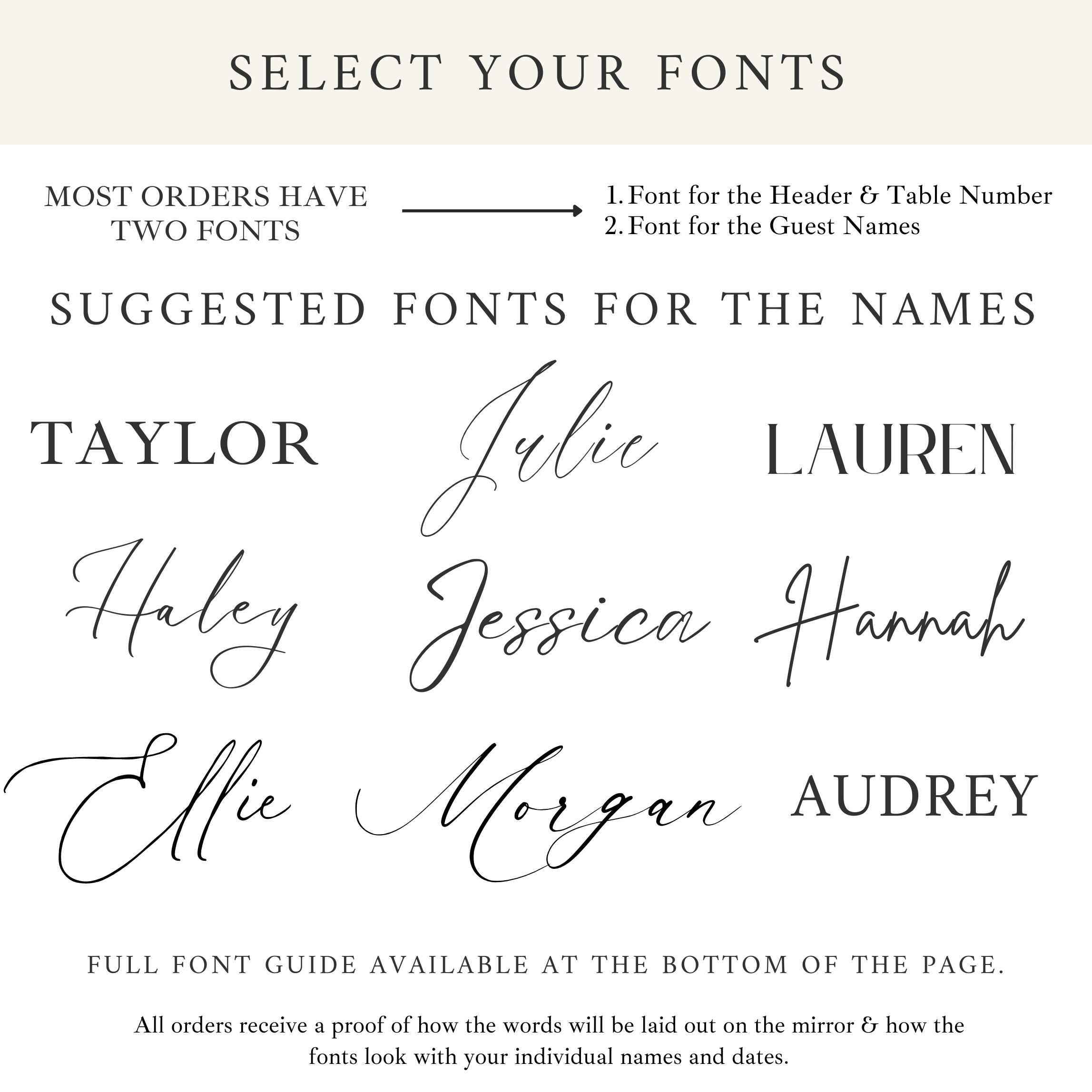 Font selection guide for personalized wedding table seating chart on gold arch mirror.