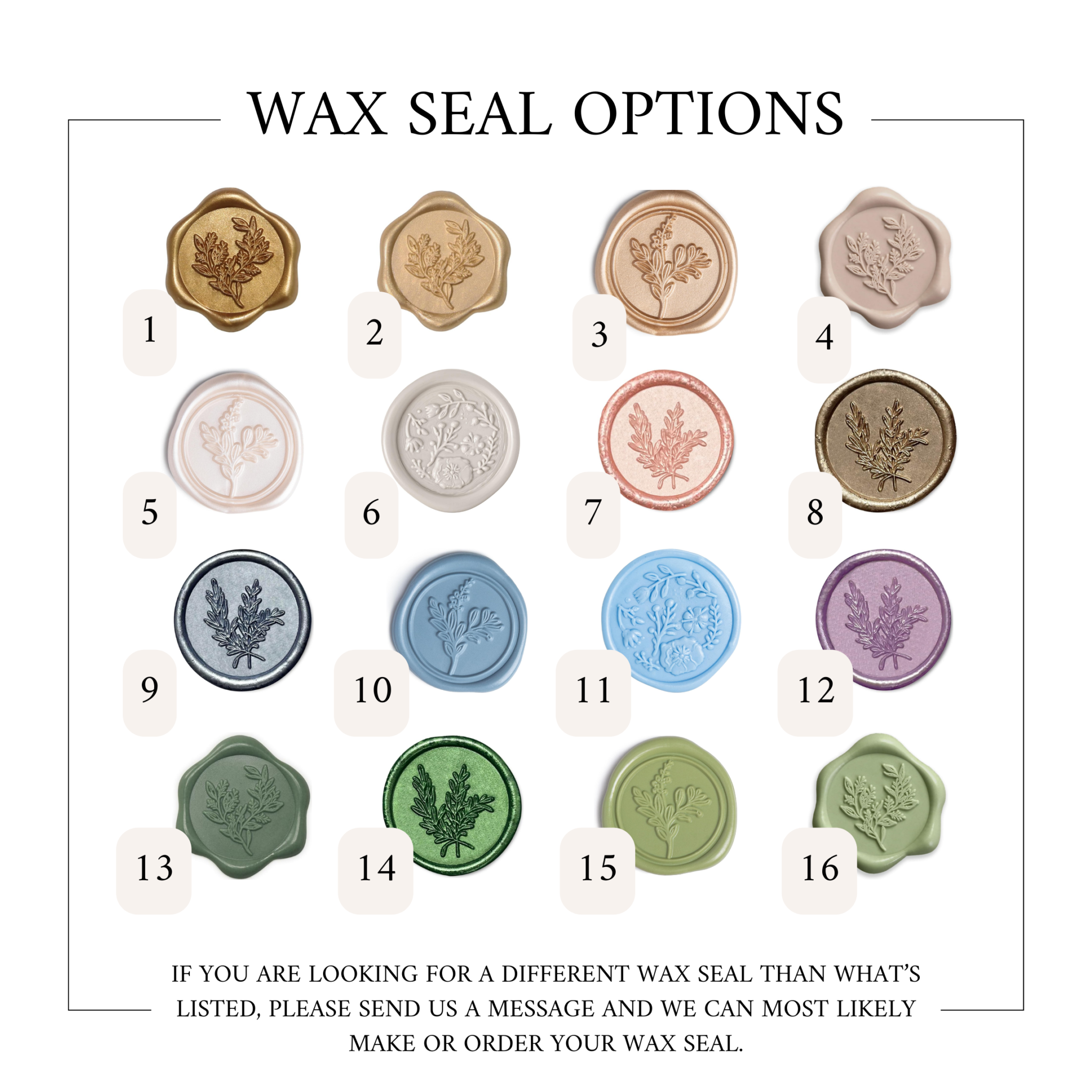 Wax seal options for wedding table seating chart customization.