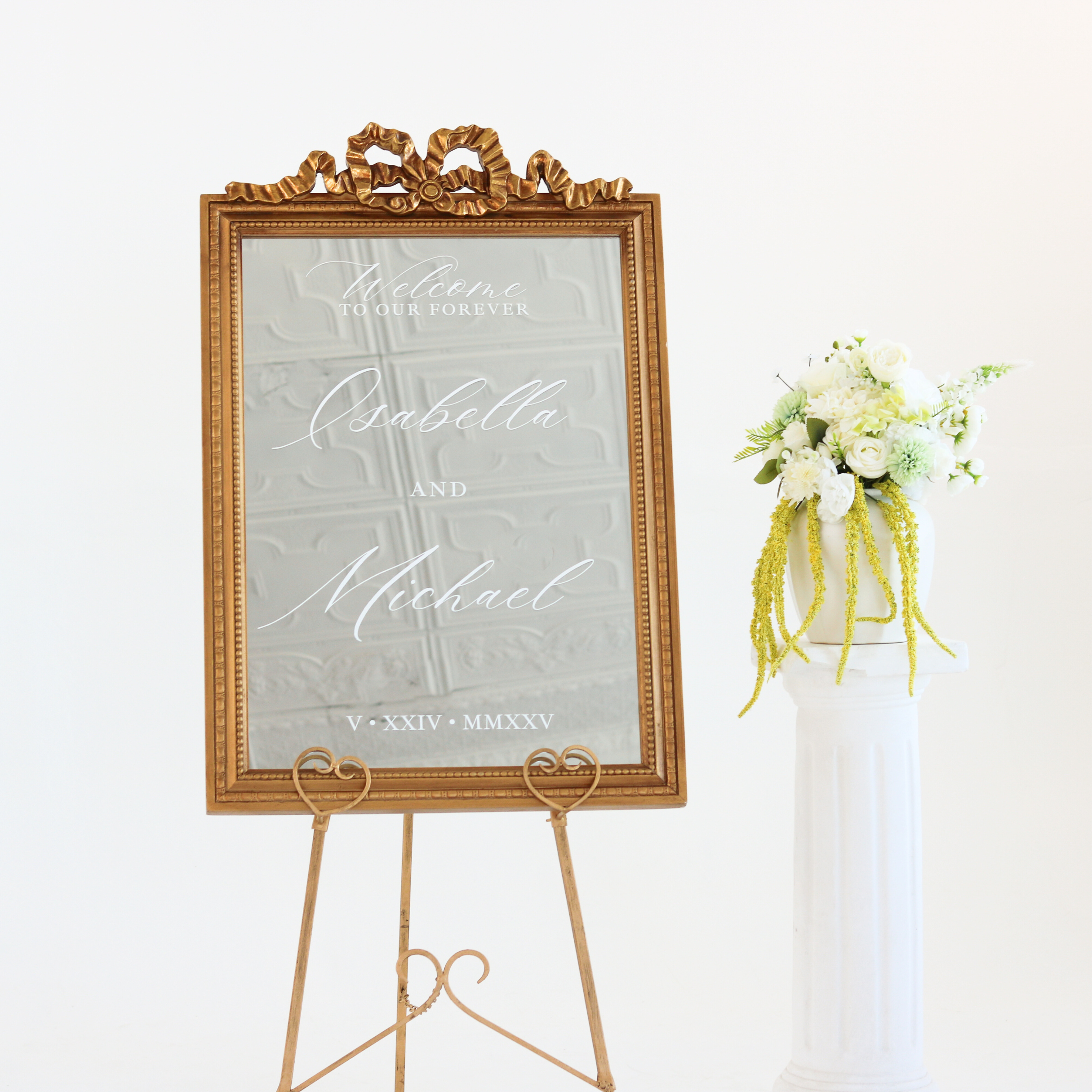 classic wedding welcome sign on mirror with trendy bow